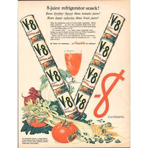 1956 Campbell's V-8 Vegetable Juice Cocktail Vintage Print Ad Wall Art 10x13